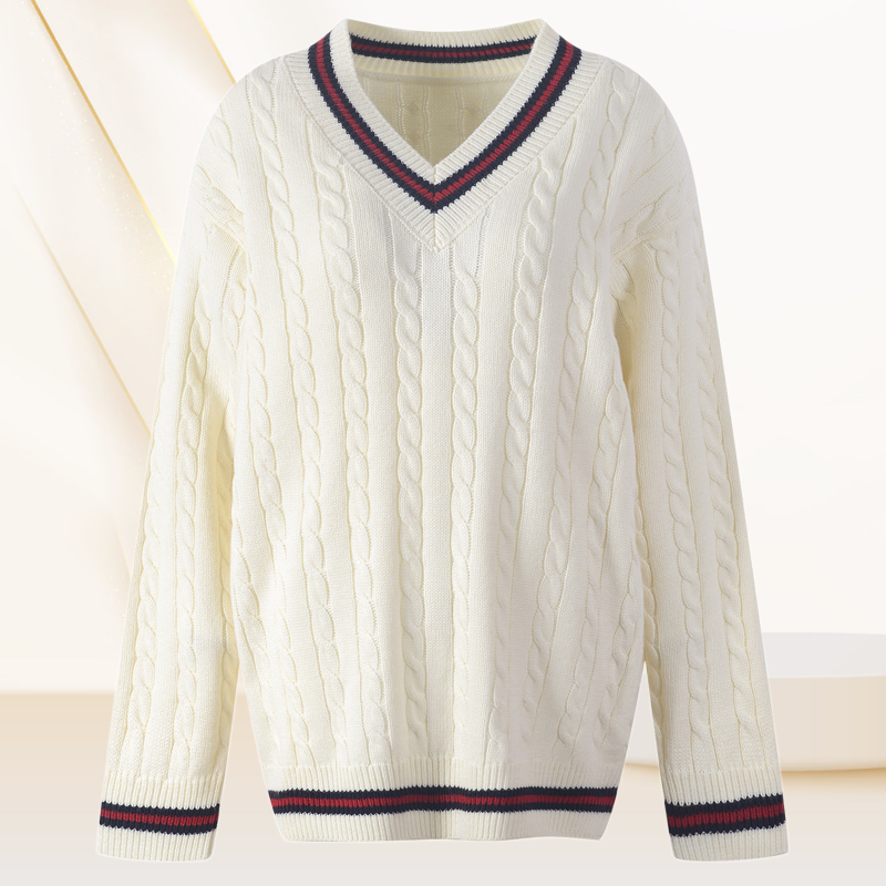 Sweater manufacture custom wool varsity sweater mens pullover cable knit v neck cricket sweater