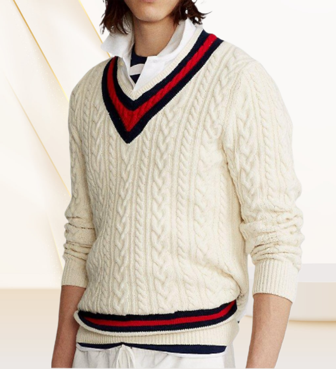 Sweater manufacture custom wool varsity sweater mens pullover cable knit v neck cricket sweater