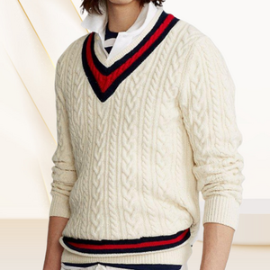 Sweater manufacture custom wool varsity sweater mens pullover cable knit v neck cricket sweater