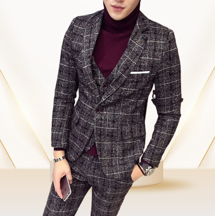 Autumn Winter British Latest Coat Pant Designs Blue Mens Suit Thick Slim Fit Plaid Wedding Dress Tuxedos 3 Piece Suits Men