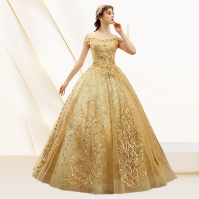 New Designs Off Shoulder Gold Ball Gown Wedding Dresses Luxury Lace Up Flower Embroidered Banquet Evening Party Dress Wholesale