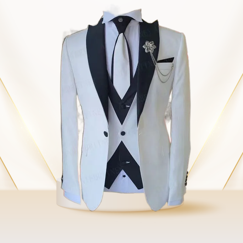 Men's 3-piece Bridegroom's Wedding Men's suit Fashion Design White Business Jacket Vest Royal Blue trousers tuxedo