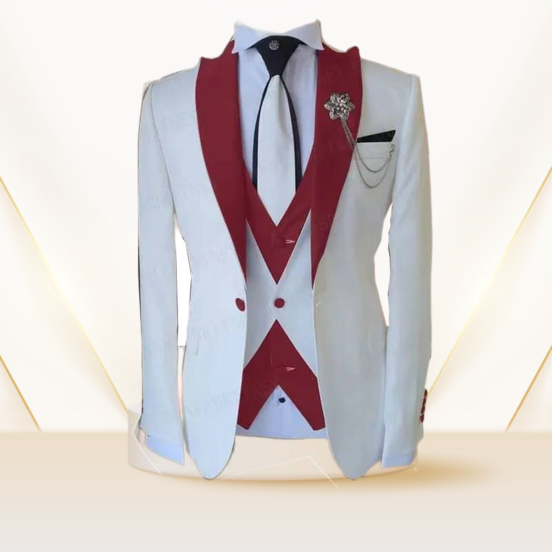 Men's 3-piece Bridegroom's Wedding Men's suit Fashion Design White Business Jacket Vest Royal Blue trousers tuxedo