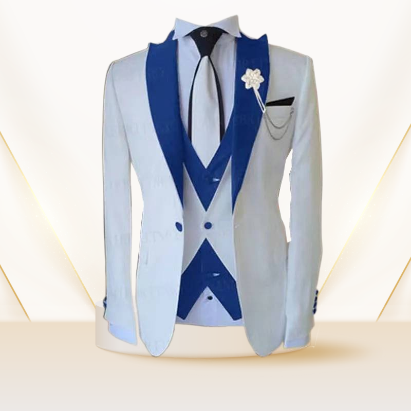 Men's 3-piece Bridegroom's Wedding Men's suit Fashion Design White Business Jacket Vest Royal Blue trousers tuxedo