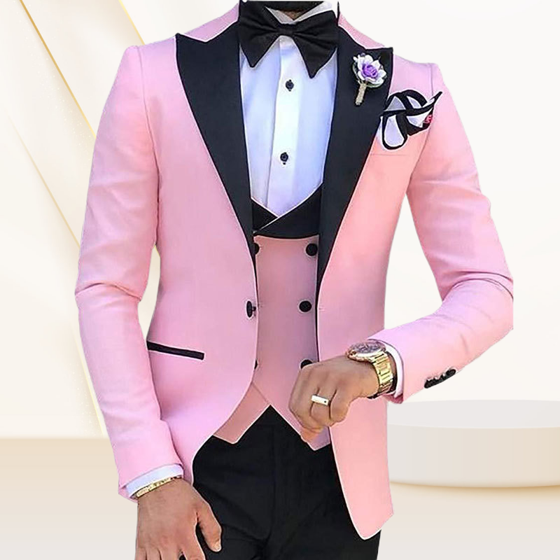 Pink White Royal Lapel Suits Pink Wedding Double Breasted Vest Groom Party Custom Made Wedding Mens Suit 3 Pieces