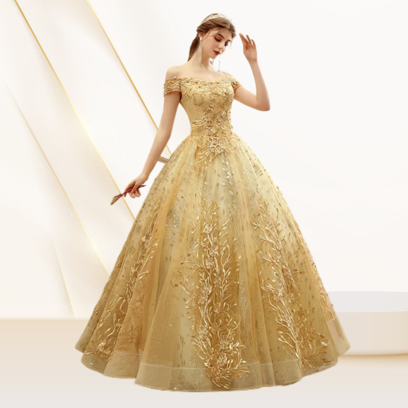 New Designs Off Shoulder Gold Ball Gown Wedding Dresses Luxury Lace Up Flower Embroidered Banquet Evening Party Dress Wholesale