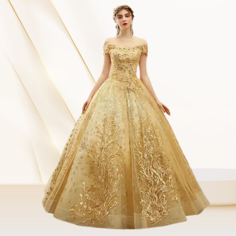 New Designs Off Shoulder Gold Ball Gown Wedding Dresses Luxury Lace Up Flower Embroidered Banquet Evening Party Dress Wholesale