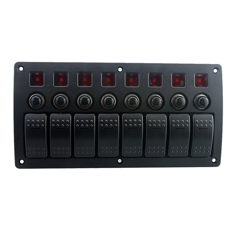 12V 24V LED Waterproof 8 Gang RV Car Yacht Marine Boat Rocker Switch Panel with Circuit Breaker