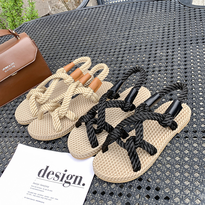 2021 Ladies Flat Handmade Straw Shoes Rope Sandals Women's Linen Woven Hemp Rope Beach Slippers Rubber Summer Slippers Webbing