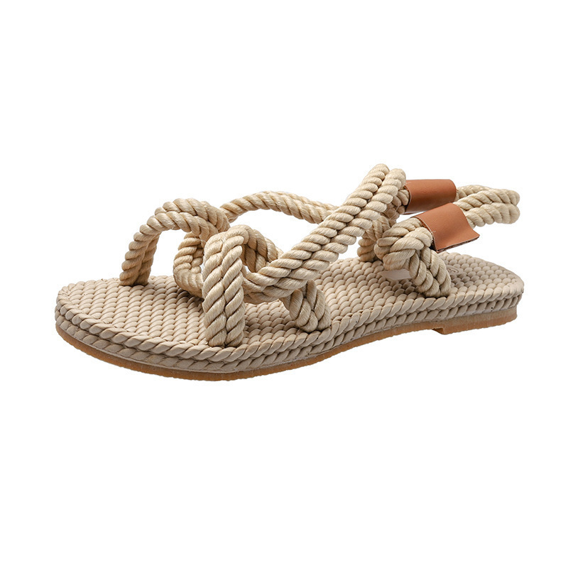 2021 Ladies Flat Handmade Straw Shoes Rope Sandals Women's Linen Woven Hemp Rope Beach Slippers Rubber Summer Slippers Webbing