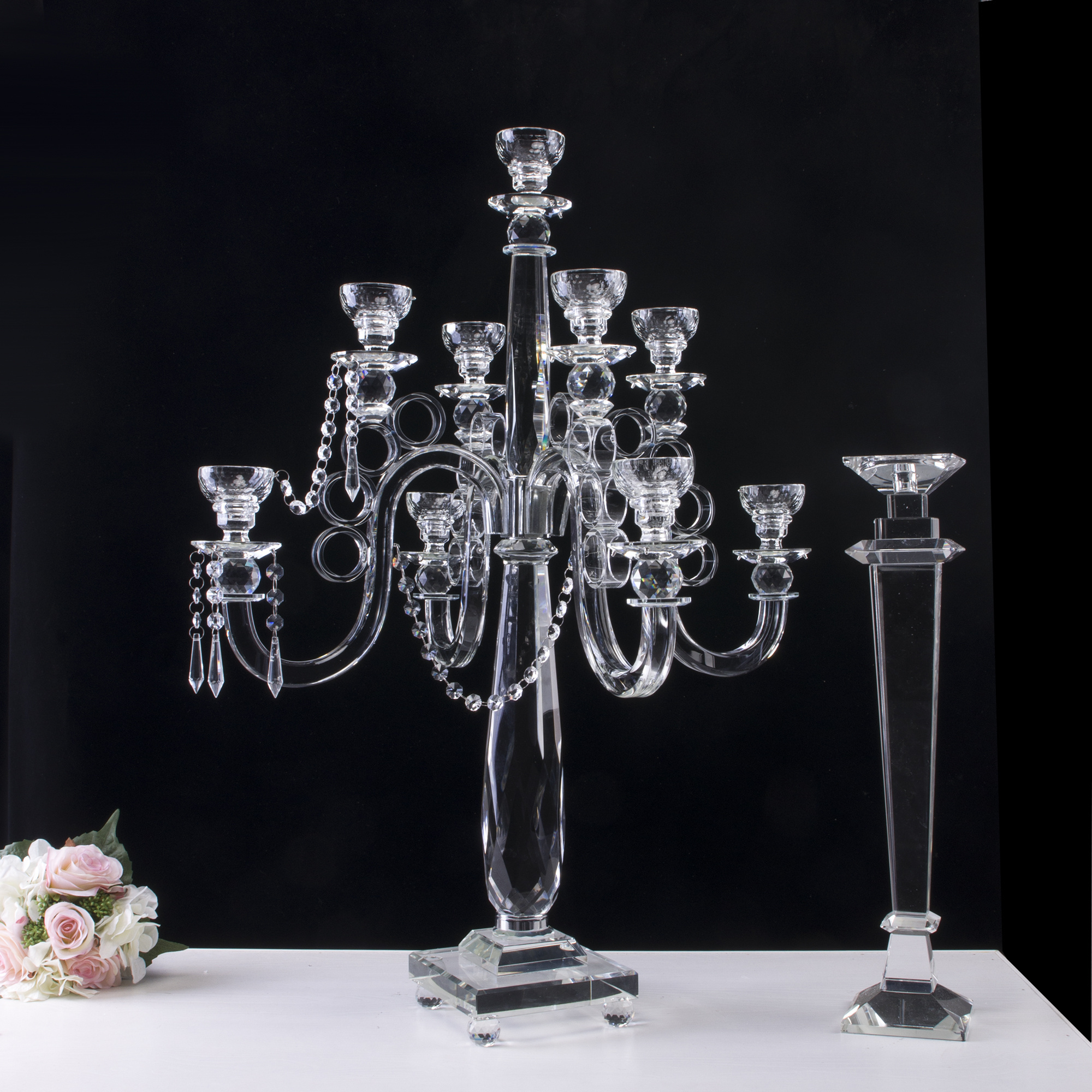 K-1052 tall table centerpiece candelabra 9 arms crystal wedding candelabra