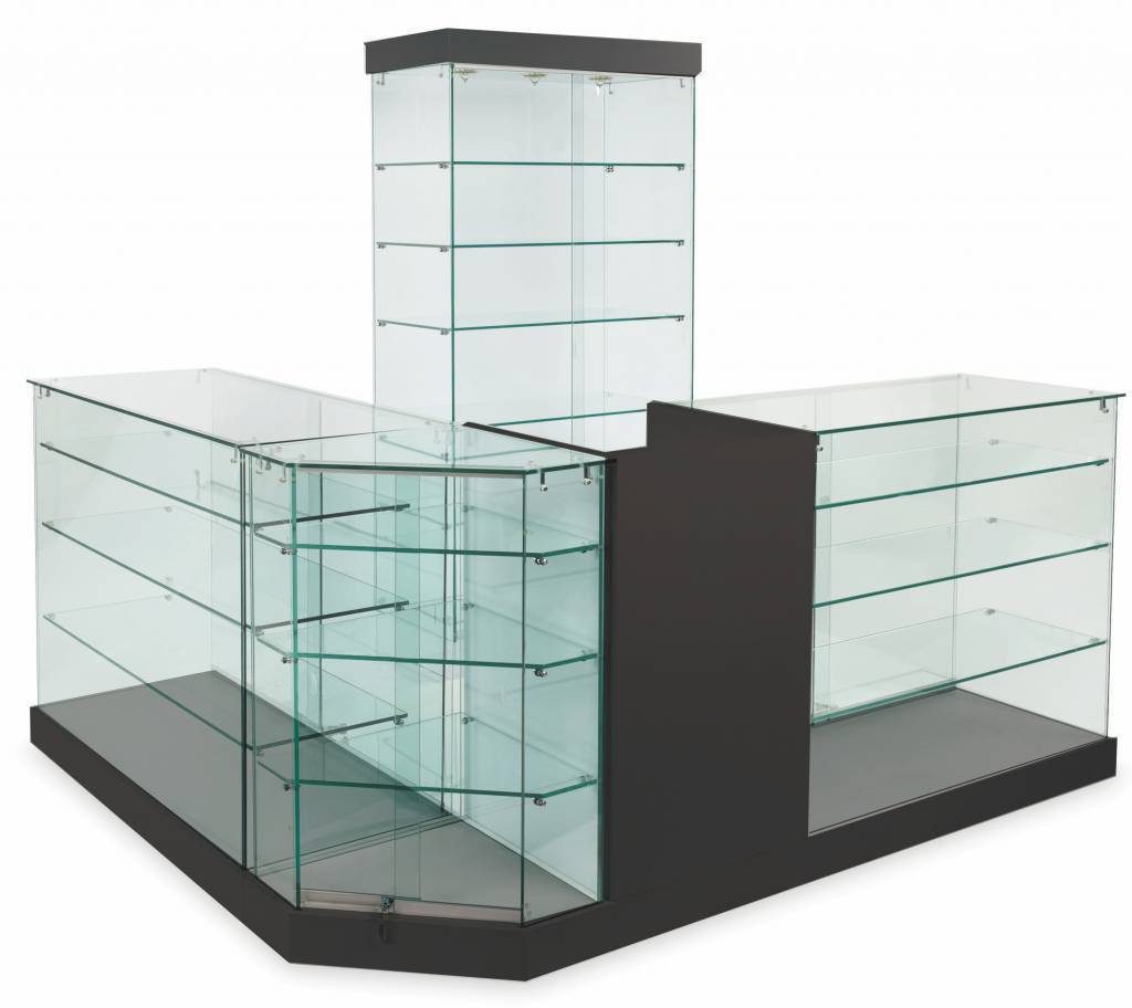 Custom 70 inch high full vision display showcase jewelry display glass counter