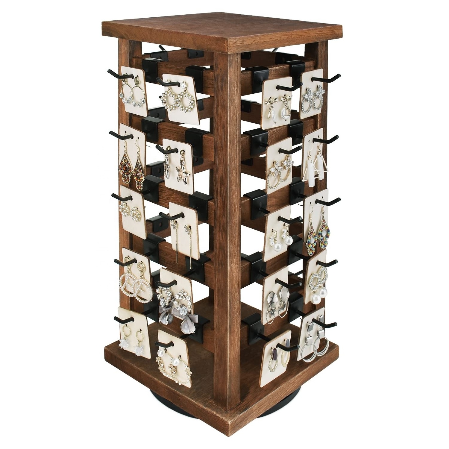 Keway 5 Tiers Easy Assemble Exquisite Wood 360 Rotating Jewelry Storage Display Tower Earring Display Stands for Selling