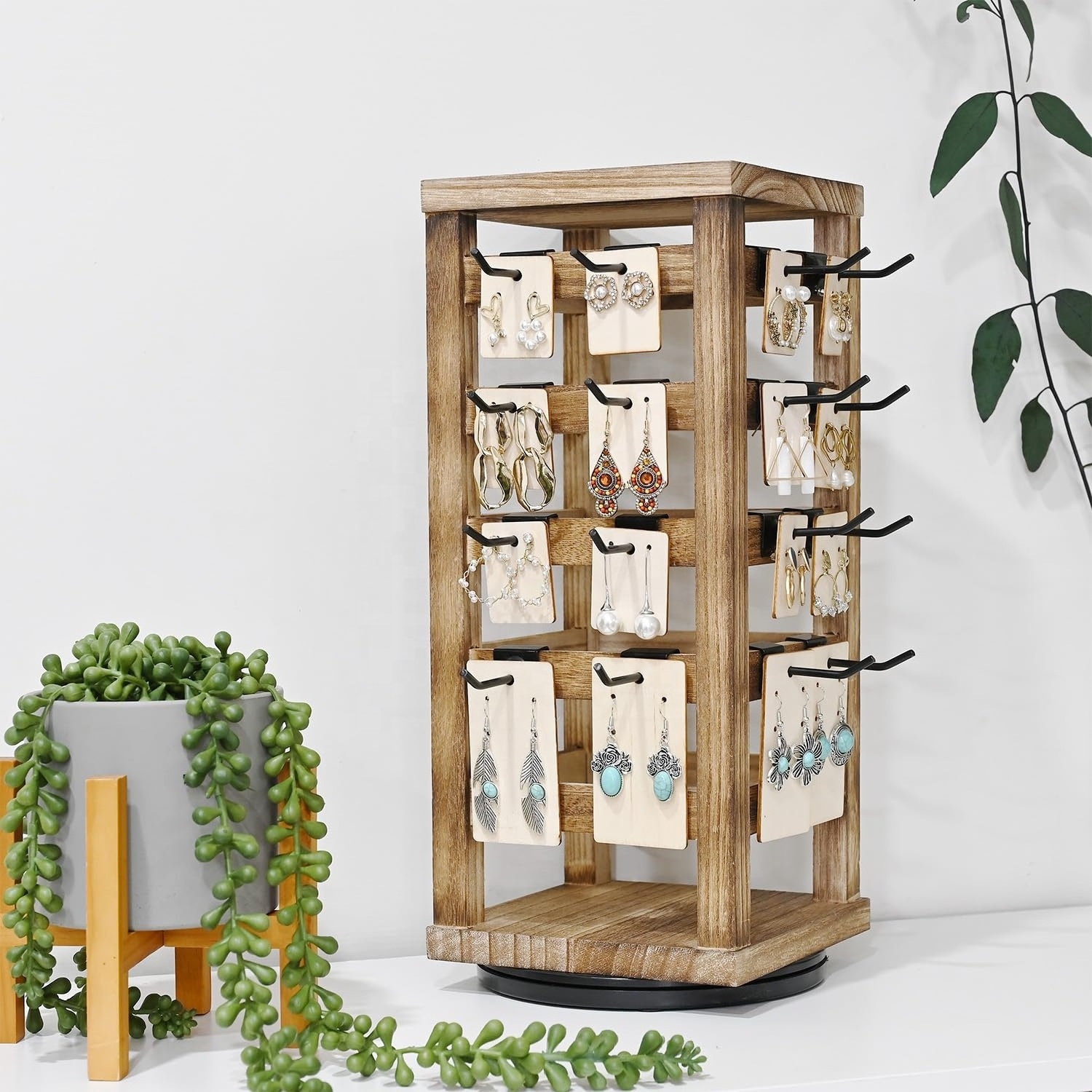 Keway 5 Tiers Easy Assemble Exquisite Wood 360 Rotating Jewelry Storage Display Tower Earring Display Stands for Selling