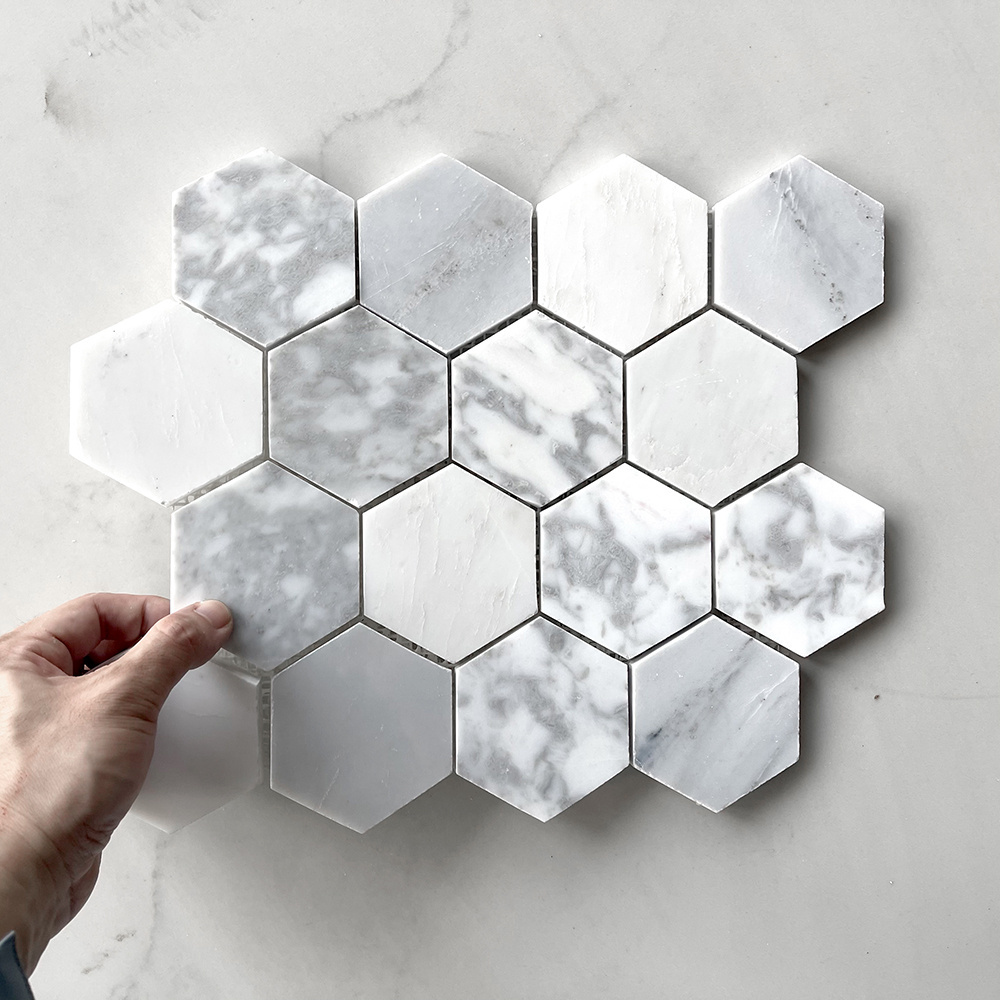 White Grey Beveled Hexagon Polished Metro For Kitchen Bathroom Wall Subway Tile