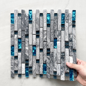 Home Building Strip Blue Gray Wave Interlocking Pattern Glass Marble Backsplash Mosaic Tile