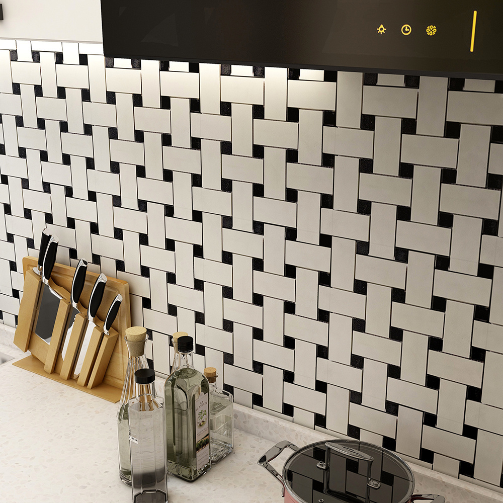 Black Foshan Natural Stone Wall White Basketweave Mosaic Tiles For Wall