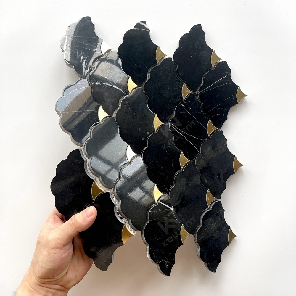 Black Gold Irregular Marble Stone Waterjet Mixed Brass Mosaic Tile