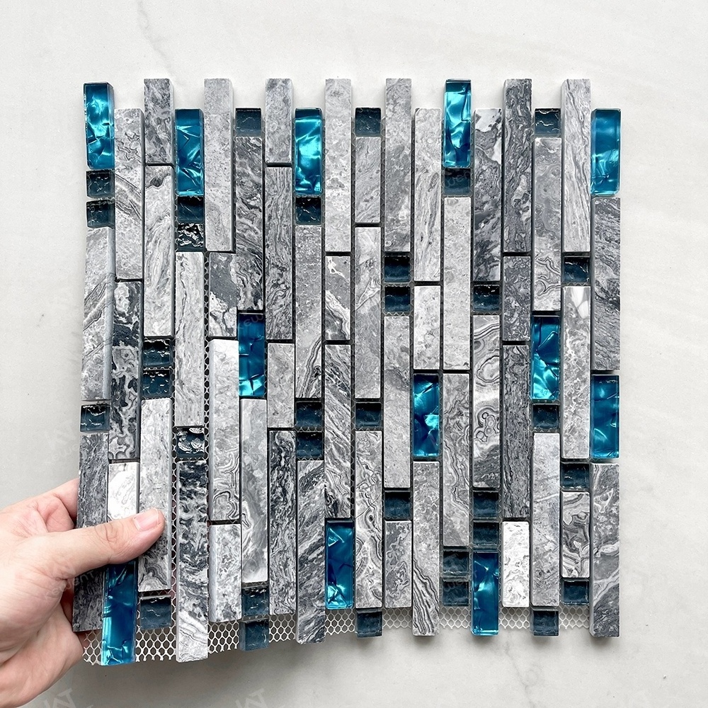 Kewent High Quality Home Building Blue Glass Mix Grey Marble Backsplash Mosaic Tiles