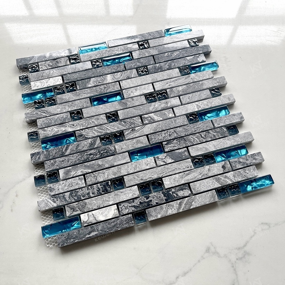 Home Building Strip Blue Gray Wave Interlocking Pattern Glass Marble Backsplash Mosaic Tile