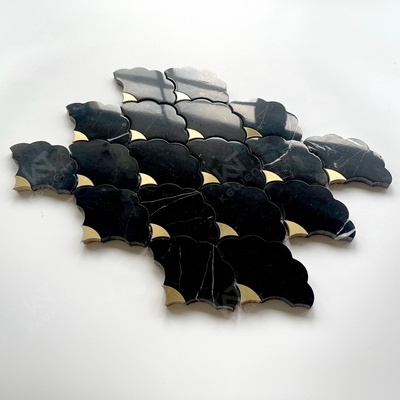 Black Gold Irregular Marble Stone Waterjet Mixed Brass Mosaic Tile