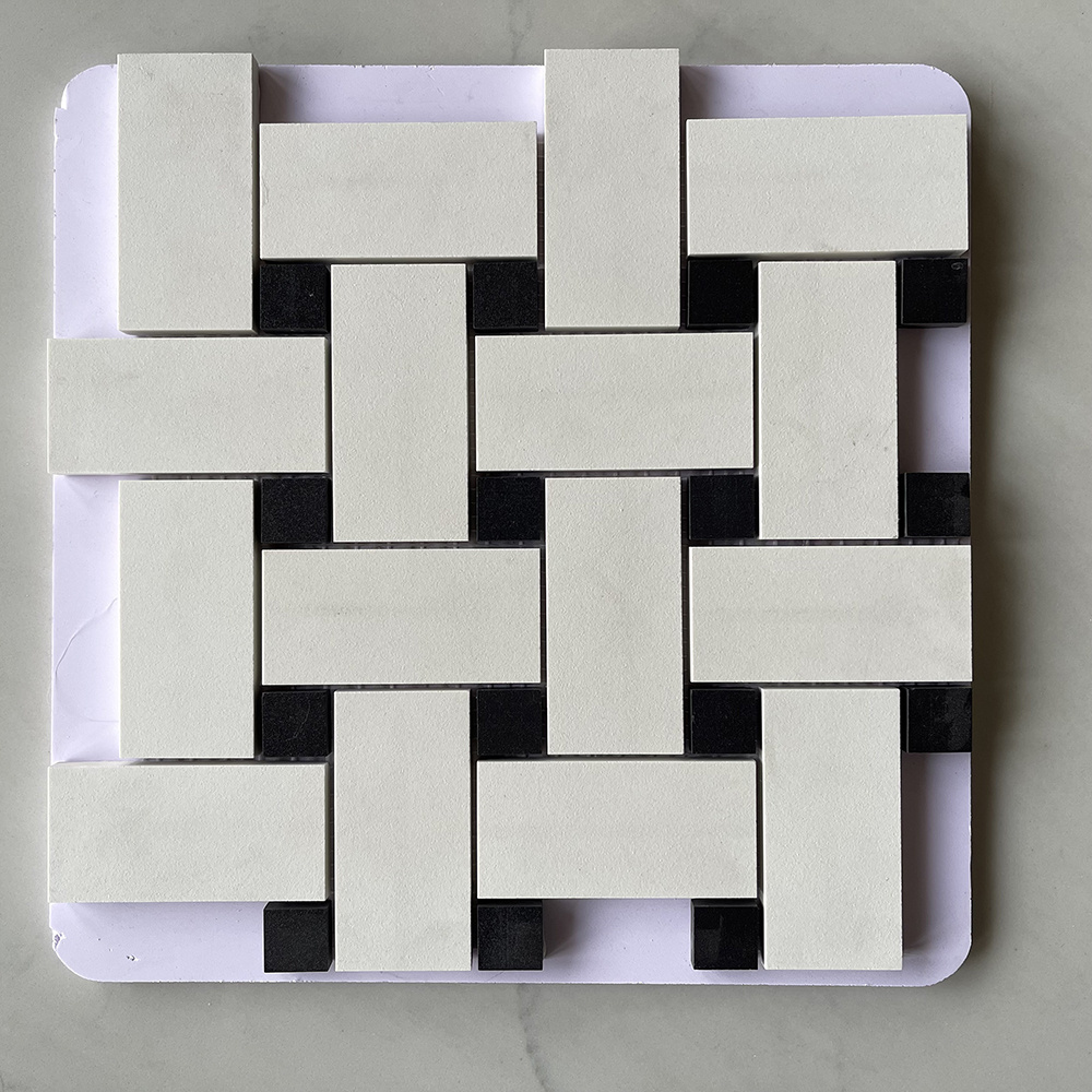 Black Foshan Natural Stone Wall White Basketweave Mosaic Tiles For Wall