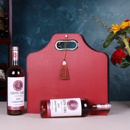 Double layers leather red 2 wine bottles red lafite wine tea moon cake box gift bag packing gift handbag boxes