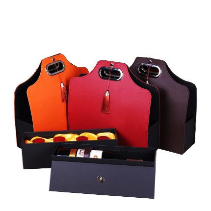 Double layers leather red 2 wine bottles red lafite wine tea moon cake box gift bag packing gift handbag boxes