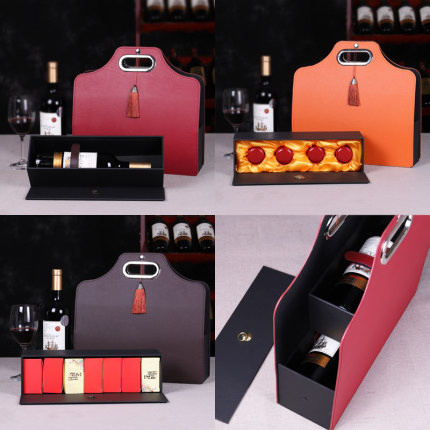 Double layers leather red 2 wine bottles red lafite wine tea moon cake box gift bag packing gift handbag boxes