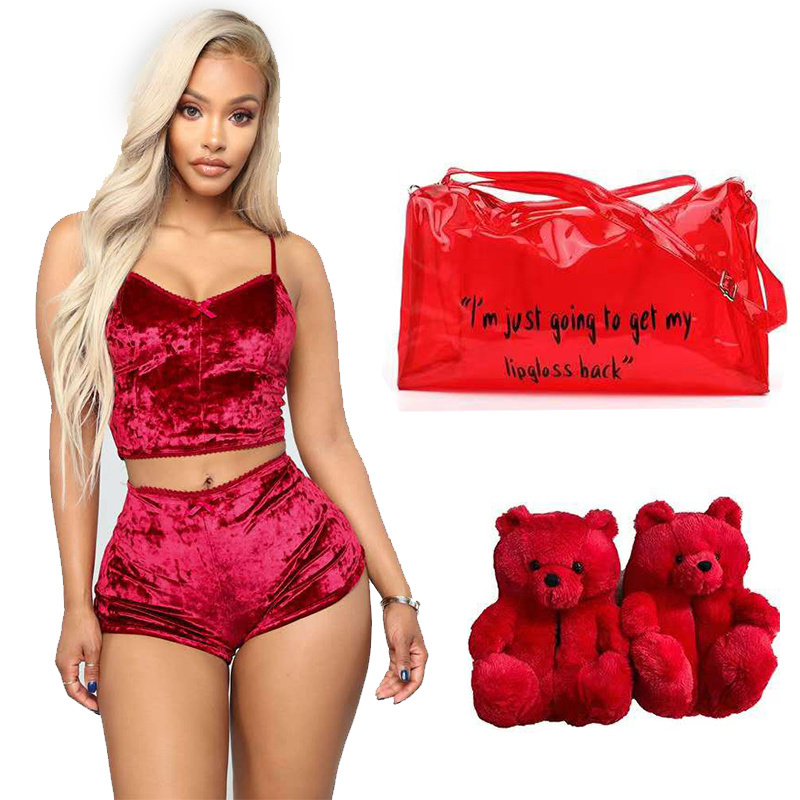 Hot Selling set house shoes teddy bear slippers for women girls with Underwear Lingerie matching Spend A Night Travel Bag