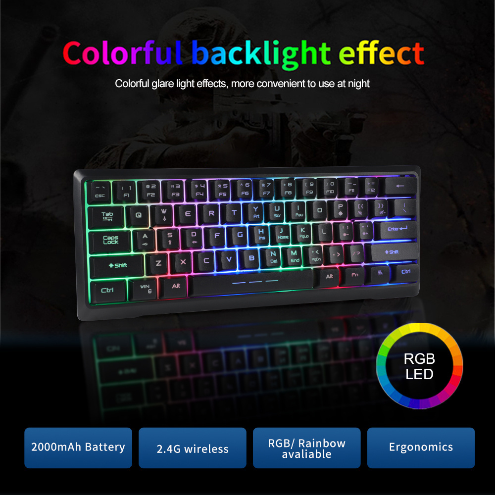 ODM High Quality Thin mini Keyboard Silent 60% 2.4G Gaming Keyboard small RGB backlit China laptop