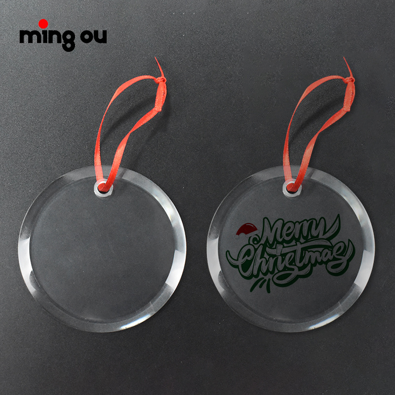 Wholesale Custom Print Sublimation Blank Crystal Round Hanging Glass Clear Sign Christmas Tree Ornaments