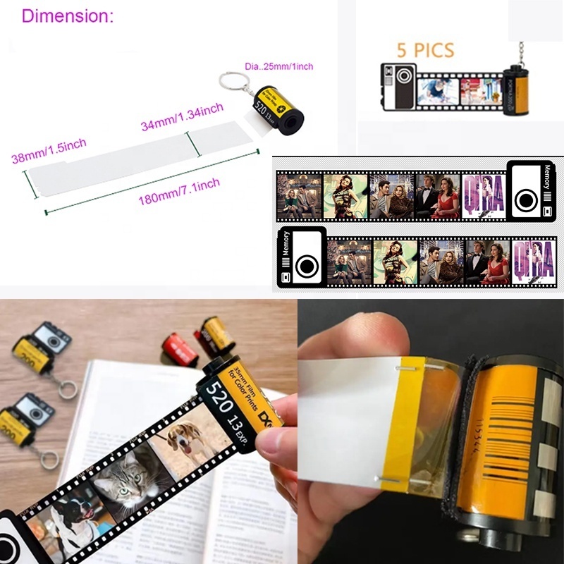 PET plastic loving memory film keychains camera keychain sublimation camera roll keychain