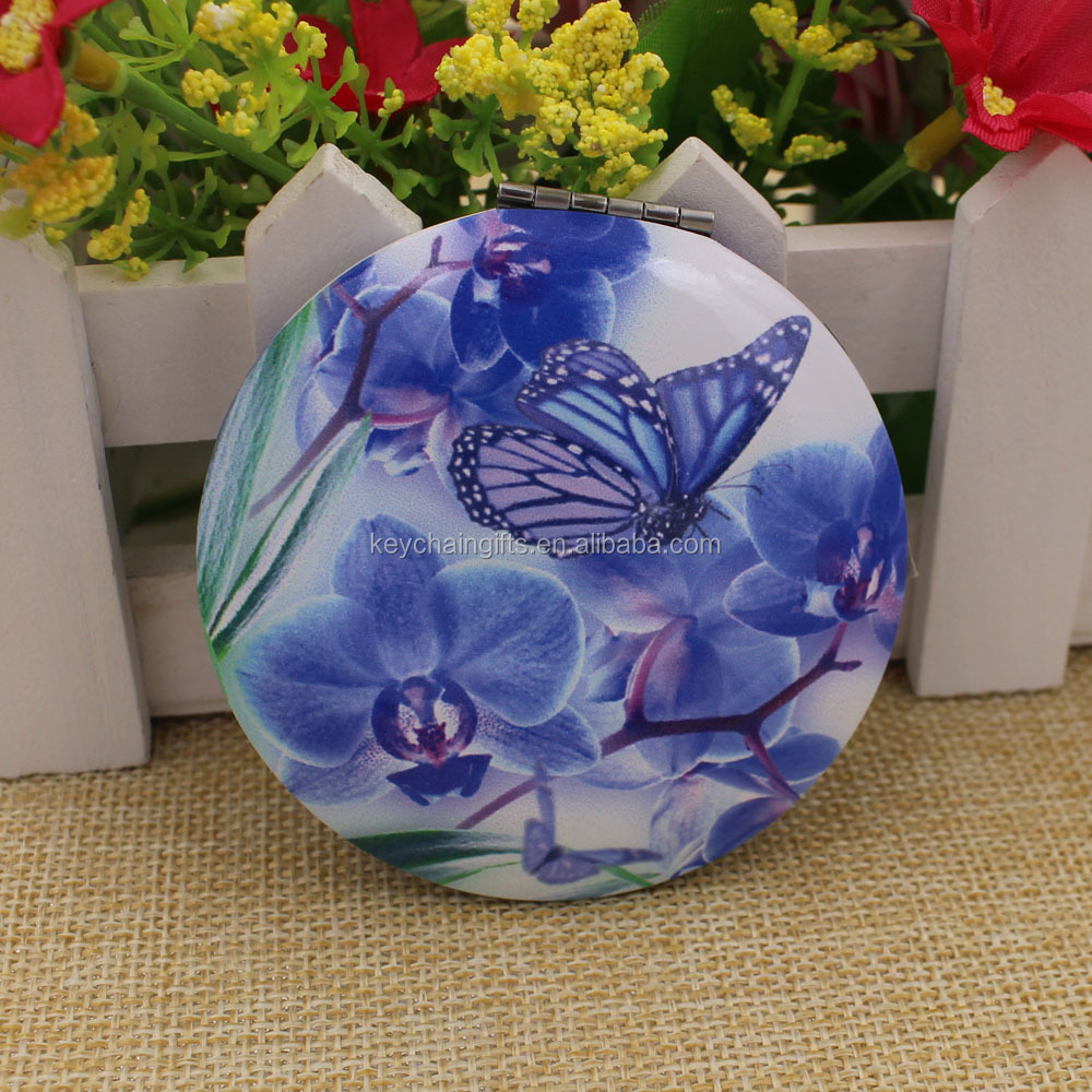 Butterfly mirror pocket/ round flowers compact mirror/blue pocket makeup mirror wholesale