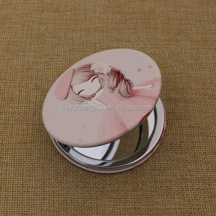 Round PU leather printing logo shell compact mirror for girl