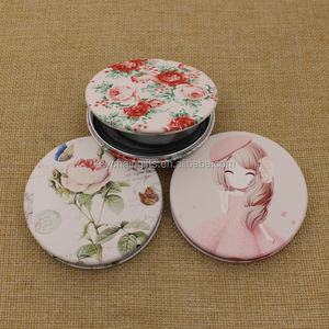 Round PU leather printing logo shell compact mirror for girl