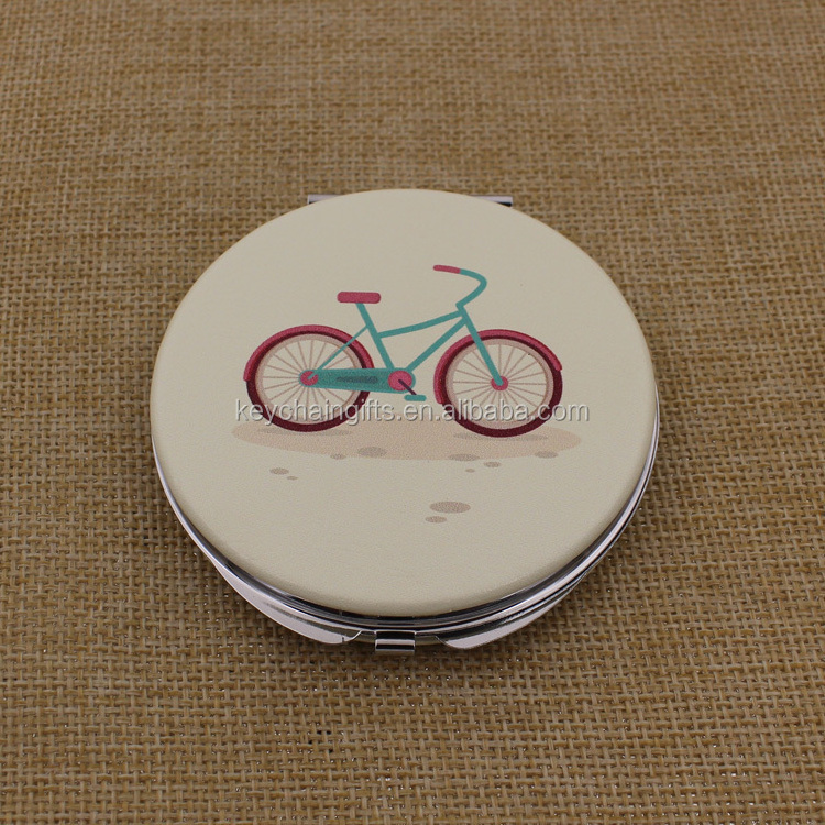 Round PU leather printing logo shell compact mirror for girl