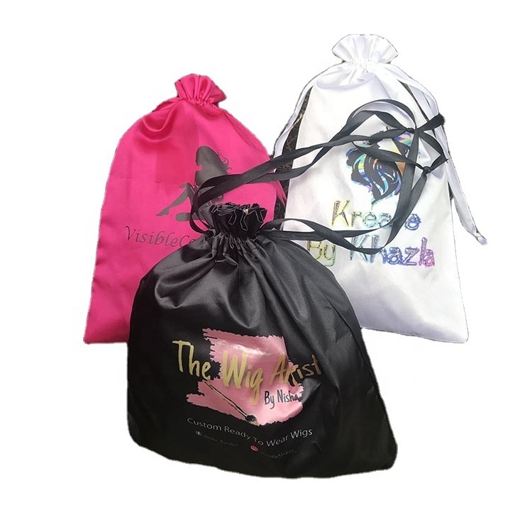 Wholesale Custom Logo Printed Satin Silk Hair Extension Storage Bag Satin Bag For Wig Packaging