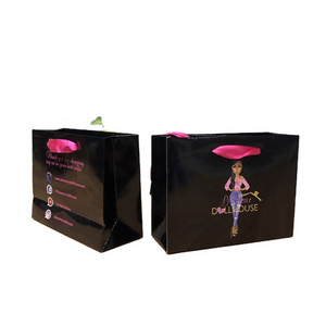 Luxury Black Glossy Custom Printing Cosmetic Products Packaging Paper Shopping Bags With Pink Ribbon Handles