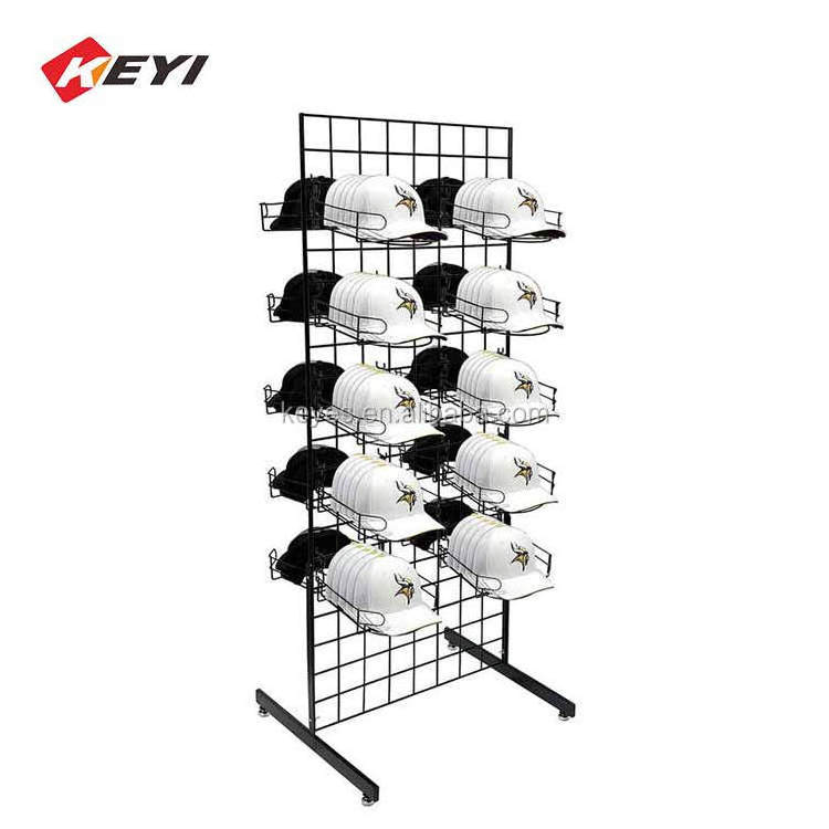 Custom Floor Standing Wooden Hook Hat Rack Merchandiser 2 Sided Baseball Metal Cap Display Rack