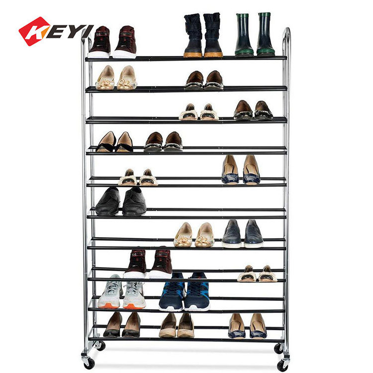 10 Tier Shoe Rack Organizer Storage 50 Pair Shoe Rack Entryway Moveable Metal Living Room Furniture Stainless Steel for Home