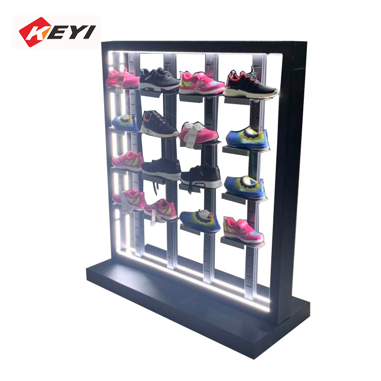 Customized Retail Shoes Shop Design New Sport Slatwall Shoe Metal Display Stand wooden led lamp Shoe Display Rack