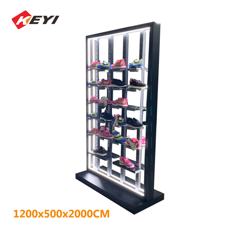 Customized Retail Shoes Shop Design New Sport Slatwall Shoe Metal Display Stand wooden led lamp Shoe Display Rack