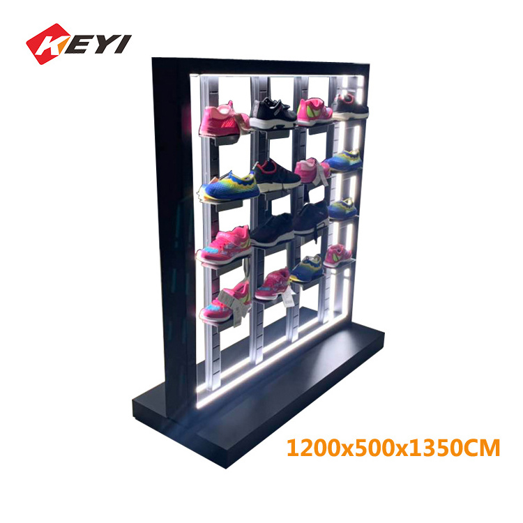 Customized Retail Shoes Shop Design New Sport Slatwall Shoe Metal Display Stand wooden led lamp Shoe Display Rack