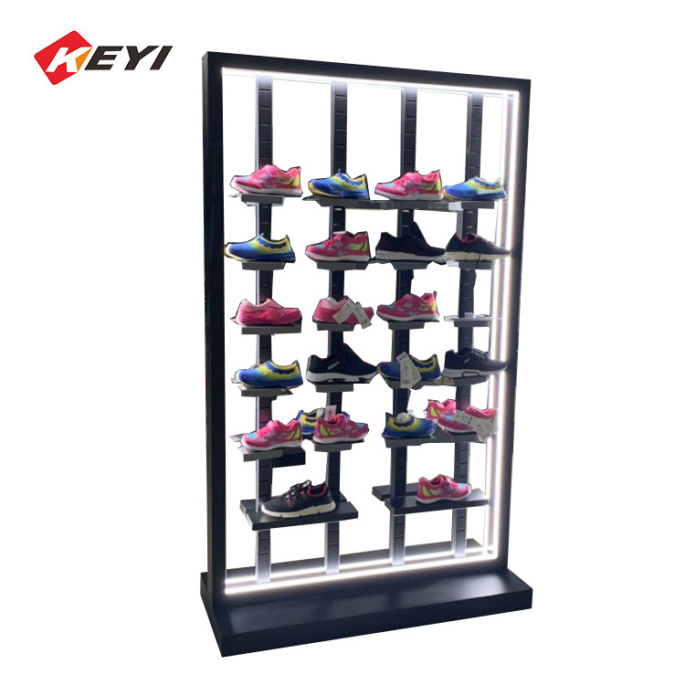 Customized Retail Shoes Shop Design New Sport Slatwall Shoe Metal Display Stand wooden led lamp Shoe Display Rack