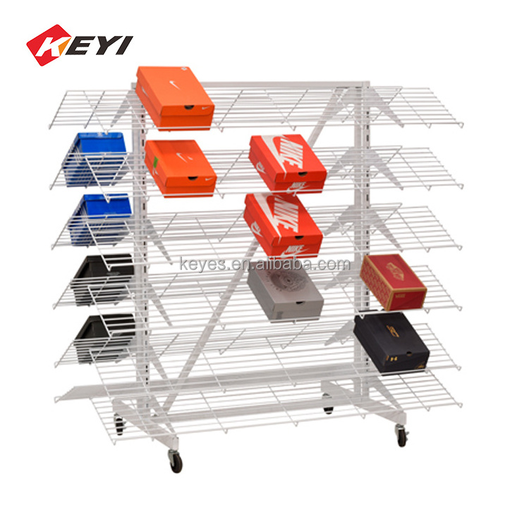 Customized Retail Store Floor metal Shoe Display Stand double Sided  sneaker boot and sandal high heel clog Shoe Display Rack