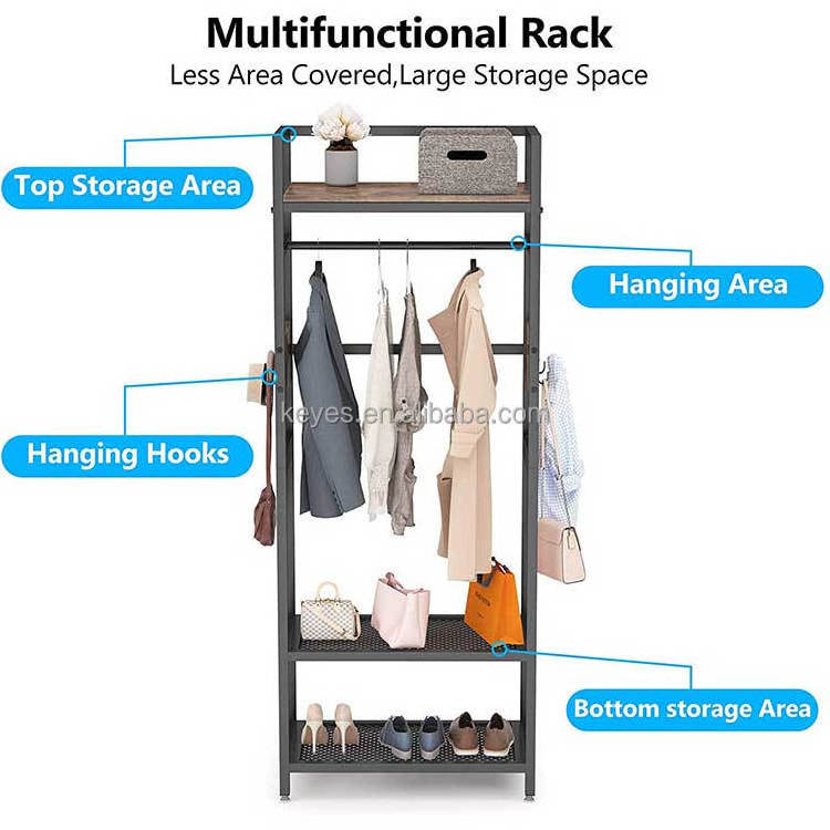 Hall Entryway Coat Clothes Metal Wood Display Rack With Shoe Storage Hanging Hat Bag Bar And Hooks Display Stand