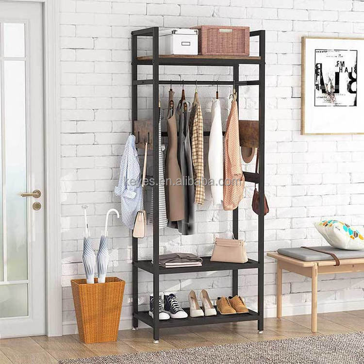 Hall Entryway Coat Clothes Metal Wood Display Rack With Shoe Storage Hanging Hat Bag Bar And Hooks Display Stand