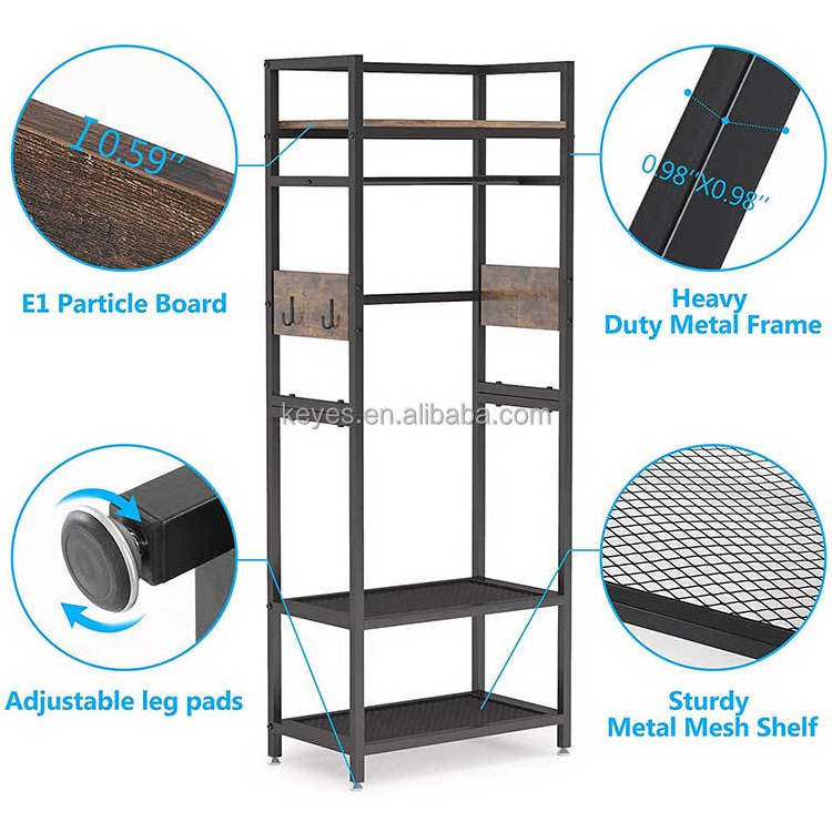 Hall Entryway Coat Clothes Metal Wood Display Rack With Shoe Storage Hanging Hat Bag Bar And Hooks Display Stand