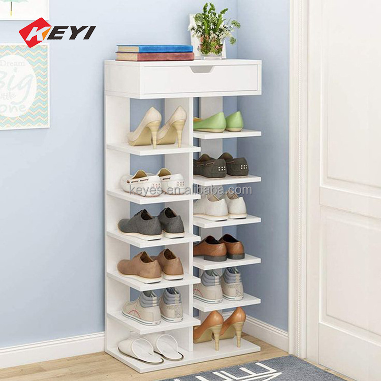 Modern Wooden 7 Tier Shoe Rack With Drawer Shoes Display Rack Against Wall